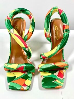 Liliana square open toe twisted ankle wrap strap satin heel green orange yellow
